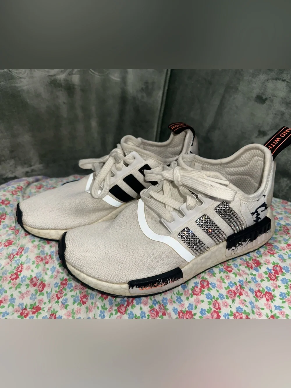 adidas White and Black Kids' Rhinestone Stripe Sneakers